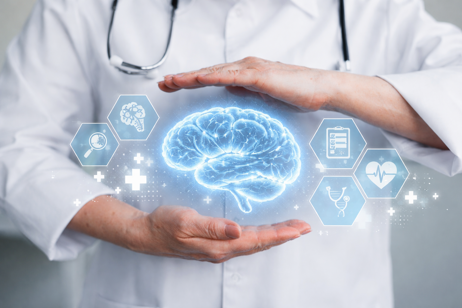 Doctor holding a glowing digital brain symbolizing neurological health, early diagnosis, and neurologist care